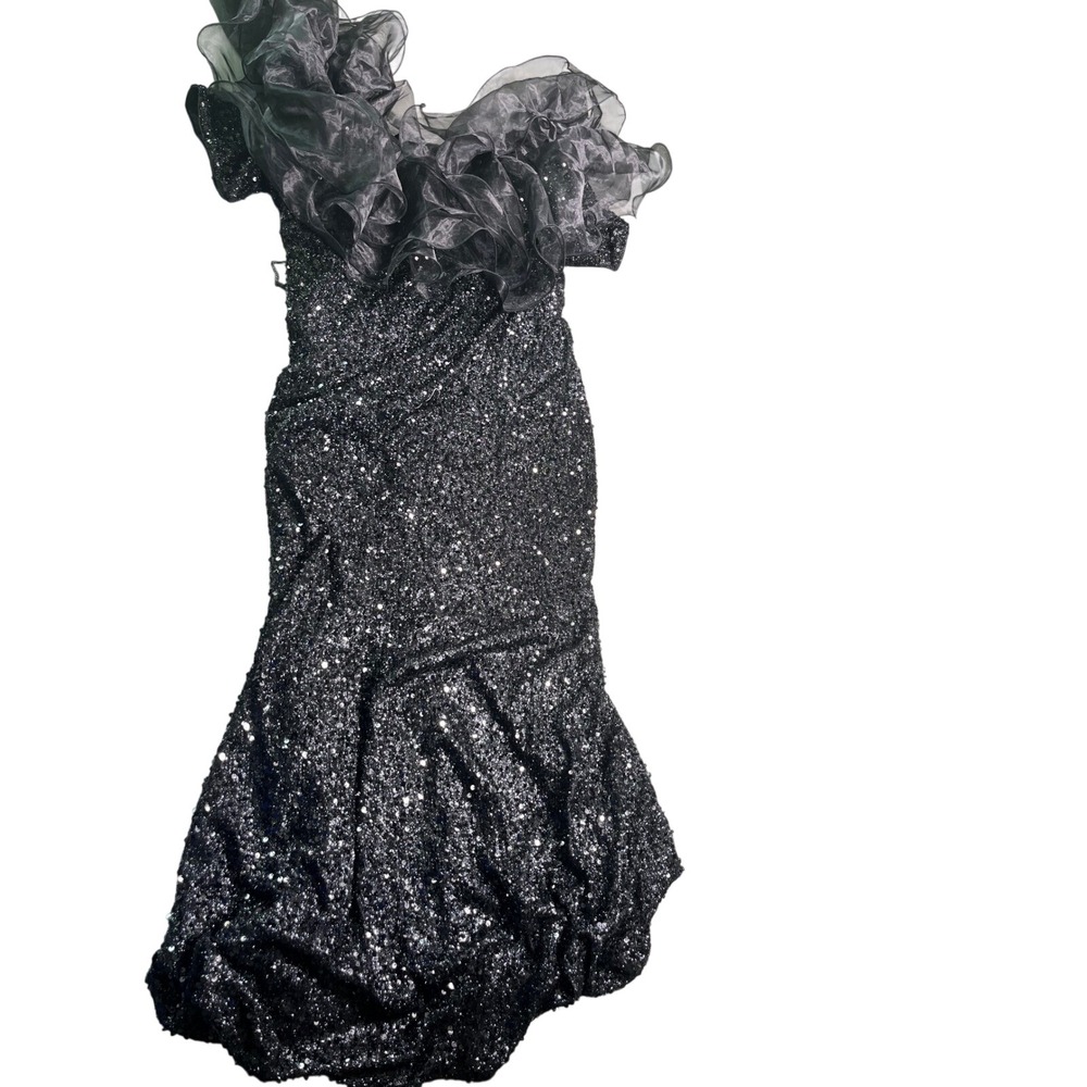 Giffniseti 2XL Black Sequin Maxi Dress Organza Ruffle Formal Evening Gown